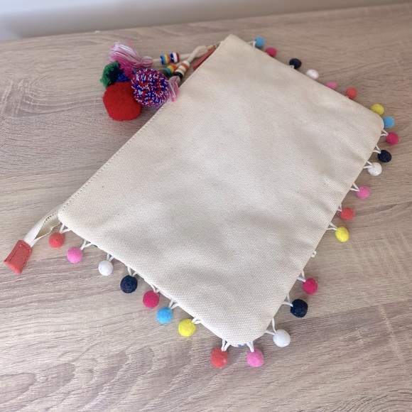 Steven By Steve Madden Jyme Colorful Embroidered Pom Pom Clutch Pouch Natural - Picture 9 of 12